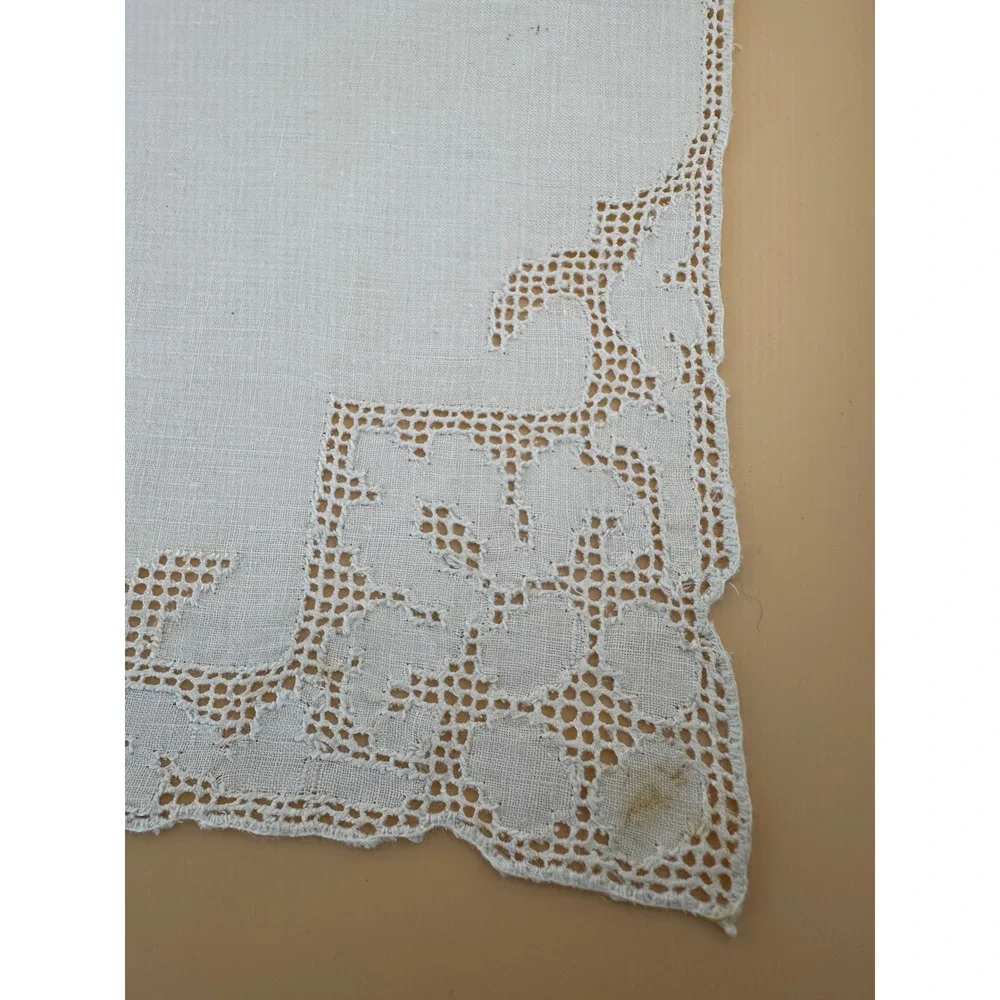 Vintage 1940s Pure Linen Tablecloth Napkins Set NOS Lace Floral White 7pc Set